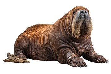 Obraz premium A majestic walrus rests on a sandy surface, showcasing its thick body and long tusks.