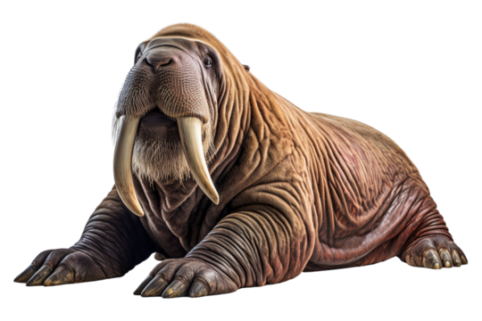 A majestic walrus with impressive tusks lounging comfortably. Its textured skin glistens under bright light.