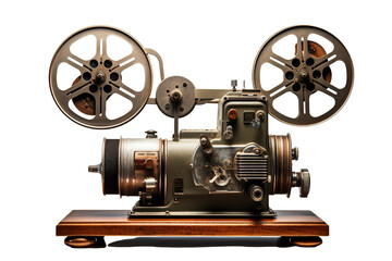 Obraz premium Vintage film projector showcasing a classic design with metallic wheels, ideal for nostalgic film enthusiasts.