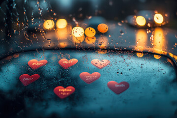 Car with hearts on windshield, parked on a sandy beach at sunset. Declaration of love symbolized. Romantic atmosphere in a serene setting.