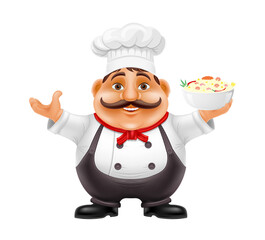 chef man preparing dishes and food in the kitchen vector illustration isolated on white background