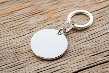Blank silver keychain on wooden surface, perfect for customization