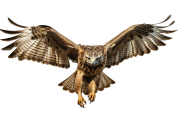 A majestic hawk in mid-flight, showcasing its impressive wingspan and fierce expression.