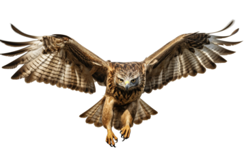 A majestic hawk in mid-flight, showcasing its impressive wingspan and fierce expression.