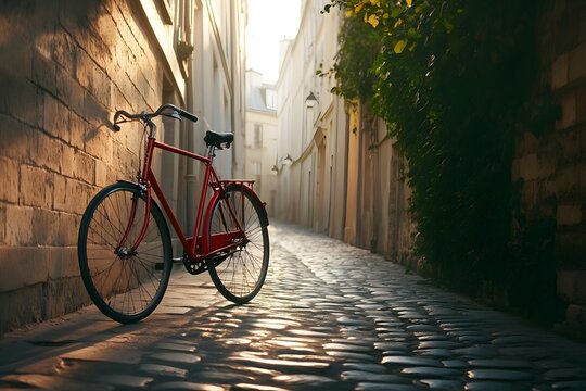 Red Bicycle Parked on Cobblestone Street in Urban Setting