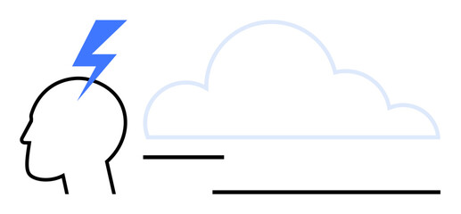 Outline of a head with a lightning bolt above, next to a cloud. Ideal for creativity, brainstorming, innovation, ideas generation, mental clarity, thinking processes, flat simple metaphor