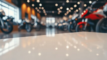 Obraz premium A white table with a blurred row of motorbikes in the background, offering a clean, minimalistic foreground contrasted against a dynamic and out-of-focus background of sleek motorbikes.