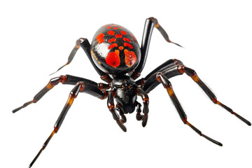 Close-up of a black widow spider, showcasing its iconic red markings on a white background.