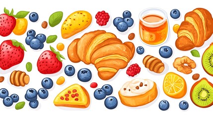 Breakfast food and fresh fruit border for design use