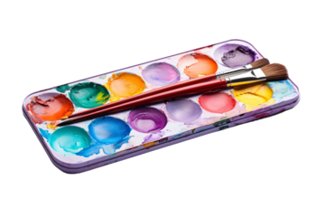 A vibrant watercolor palette featuring twelve colorful paint wells and two brushes, perfect for artistic expression.