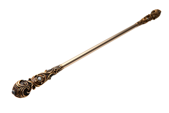 An ornate, decorative walking cane featuring intricate detailing and a jewel-like embellishment.