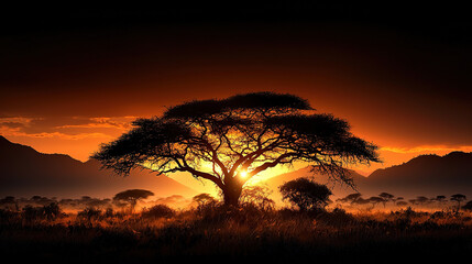 African Savannah at Sunset with Acacia Trees Silhouetted Against Orange Sky in Hyper-Detailed Landscape Photography

