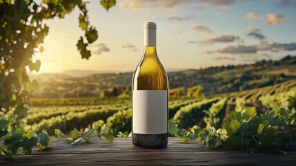 Fototapeta premium A white wine bottle mockup set against a picturesque vineyard landscape bathed in sunshine.