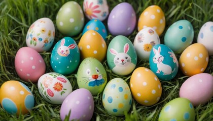 Easter eggs featuring fun and whimsical designs, such as polka dots and bunny faces.
