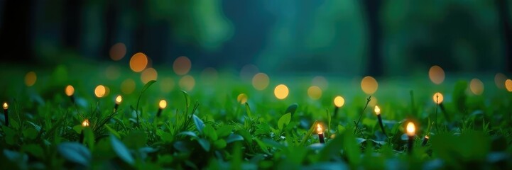 Fototapeta premium Twinkling fairy lights in a lush green meadow at night, meadow, fairy lights