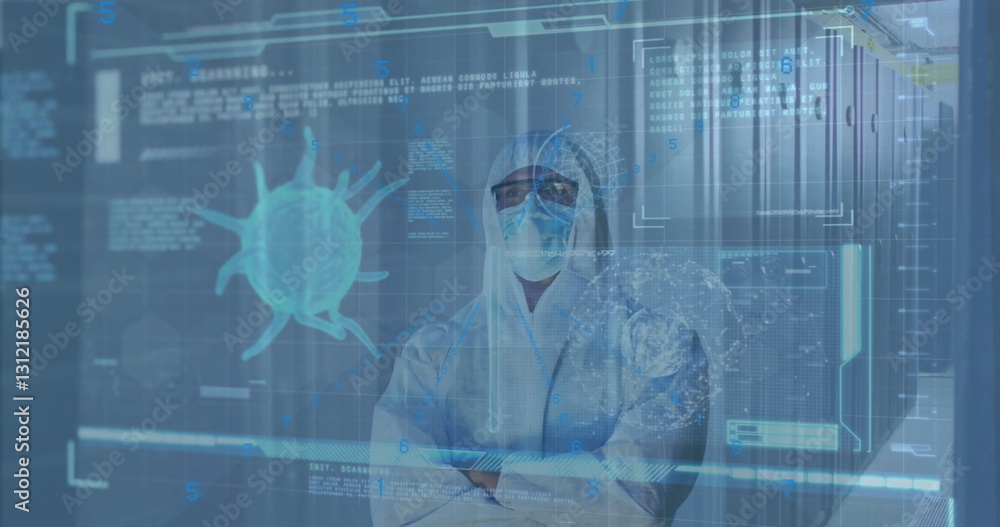 Aufkleber image of covid 19 virus cell and data processing over man in ppe suit and computer servers