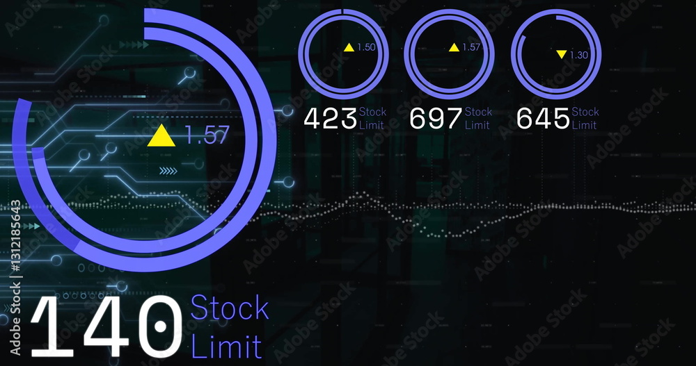 Poster image of blue circular scanners processing over data stream and network on black background
