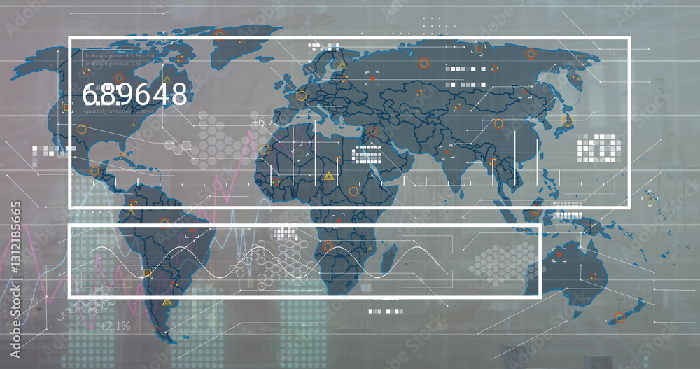 Poster image of data processing over world map on white background