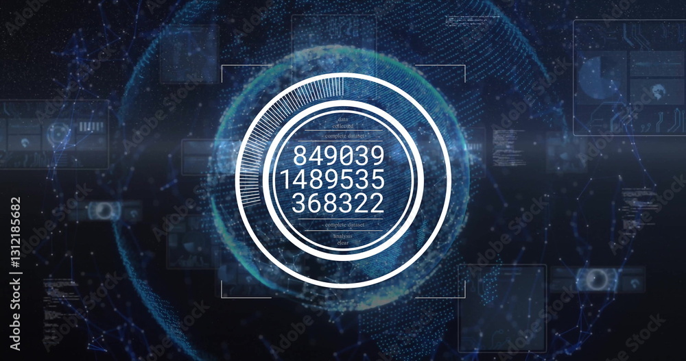 Poster image of data processing over globe on black background