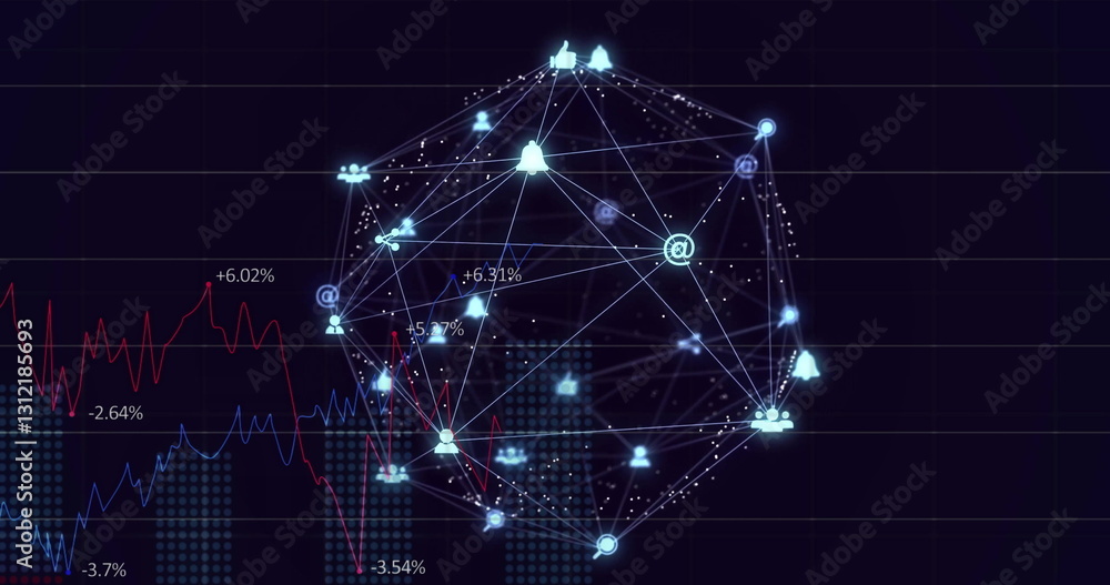 Poster image of network of connections with icons over data processing