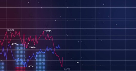 Image of financial data processing over blue background