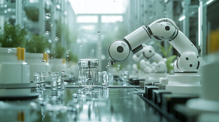 Advanced robotic arm precisely handling glassware in modern factory setting tech.