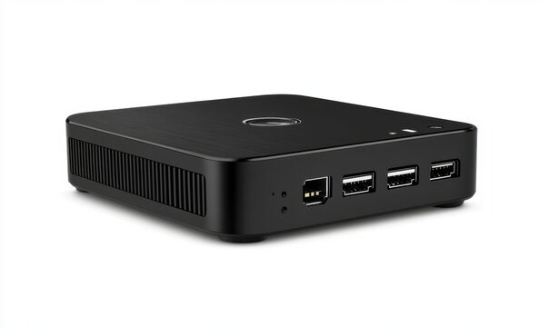 Black mini PC with ports, isolated on white, ideal for website product showcase