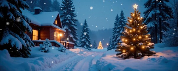 Twinkling lights and snowflakes create a winter wonderland scene, lights, winter landscape, evergreen