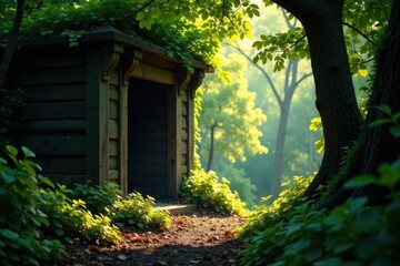 Forest clearing with light spilling from ancient wooden door, tree, beams