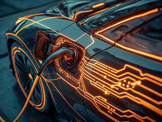 Futuristic Electric Car Charging with Neon Circuit Design