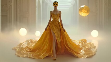 Woman in Flowing Gold Gown and Mask Walks Through Ethereal Space With Glowing Orbs and Geometric Shapes - Powered by Adobe