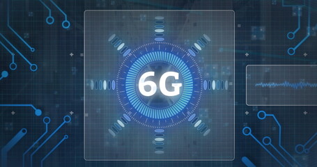 Image of 6g text on circular scanner processing data over motherboard network and server room