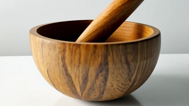 Wooden mortar and pestle on white table symbol of tradition and culinary craft