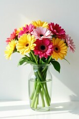 Fototapeta premium Fresh cut flowers in vase on white background with shadows, fresh, arrangement