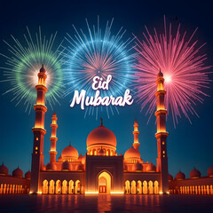 Vibrant Eid Fireworks and Mosque Glow