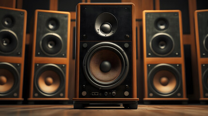 Fototapeta premium surround sound system setup with subwoofer and multiple speakers creates immersive audio experience. wooden finish adds classic touch to modern design