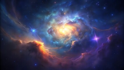 Cosmic nebula, vibrant colors, swirling gas and dust.