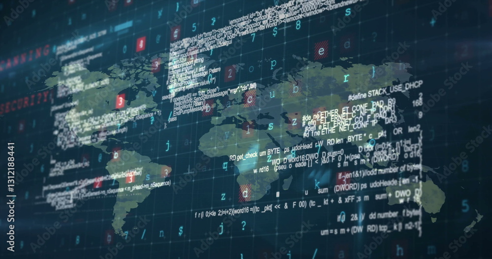 Poster image of malware, cybercrime security warnings and data processing over world map