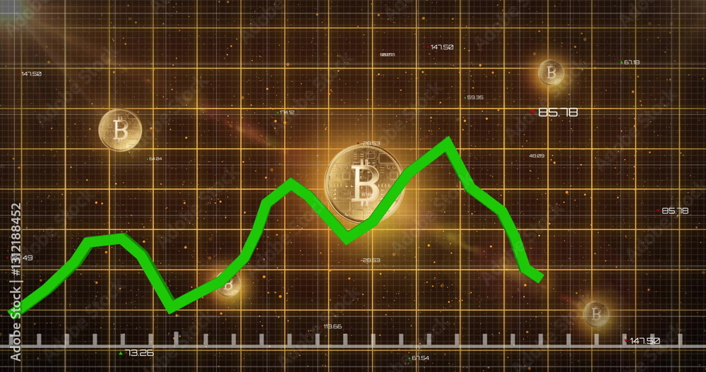 Poster image of green graph processing data on grid over glowing bitcoins on dark background