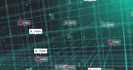 Image of media icons over data processing with connections