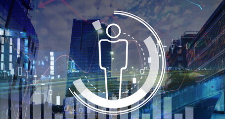 Image of icon with financial data processing over cityscape