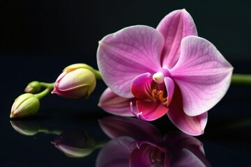 Obraz premium High-magnification shot of a flowering orchid on black glass, flowers, flower detail
