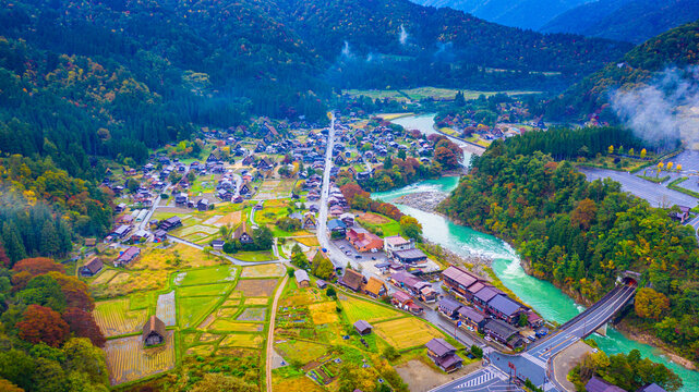 The traditionally thatched houses in Shirakawa-go where is the mountain village among near Gifu, Ishikawa, and Toyama prefecture in autumn, Japan