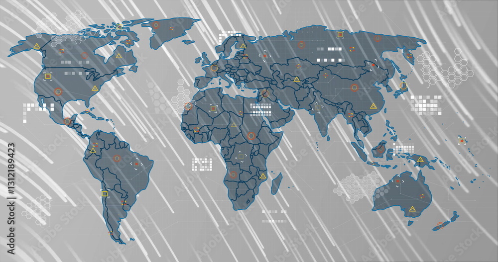 Poster image of world map with data processing over light trails on grey background