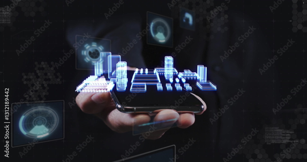 Poster image of computing board and data processing over hand of businessman
