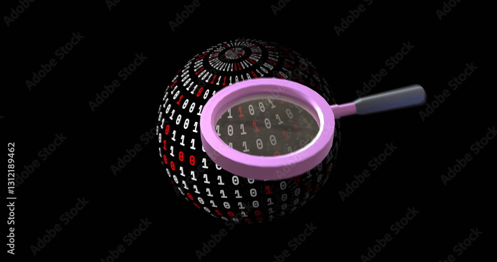 Poster image of reading glass and globe of binary coding on black background