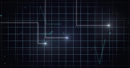 Image of cardiograph and light trails on black background