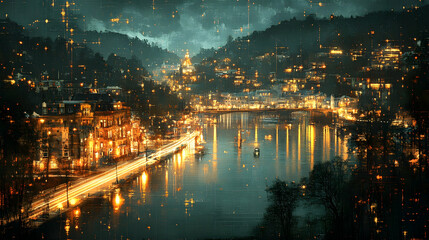 Fototapeta premium Night cityscape river glowing lights