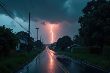Heavy rain and thunderstorm on a warm summer evening, gloomy, darkening, stormy
