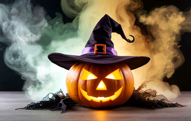 halloween witch pumpkin with smoke background